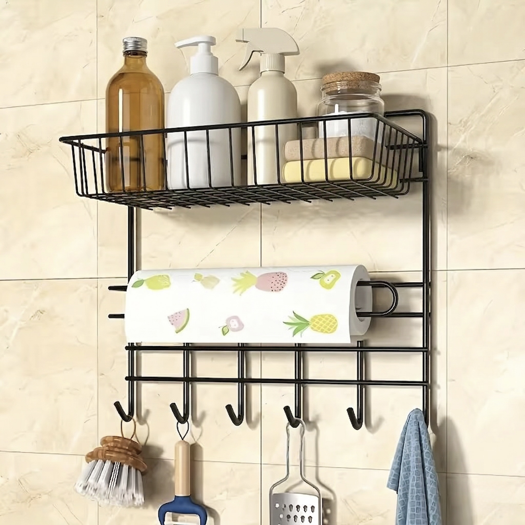 Multifunctional Wall-Mounted Storage Basket with Paper Towel Holder and Hooks