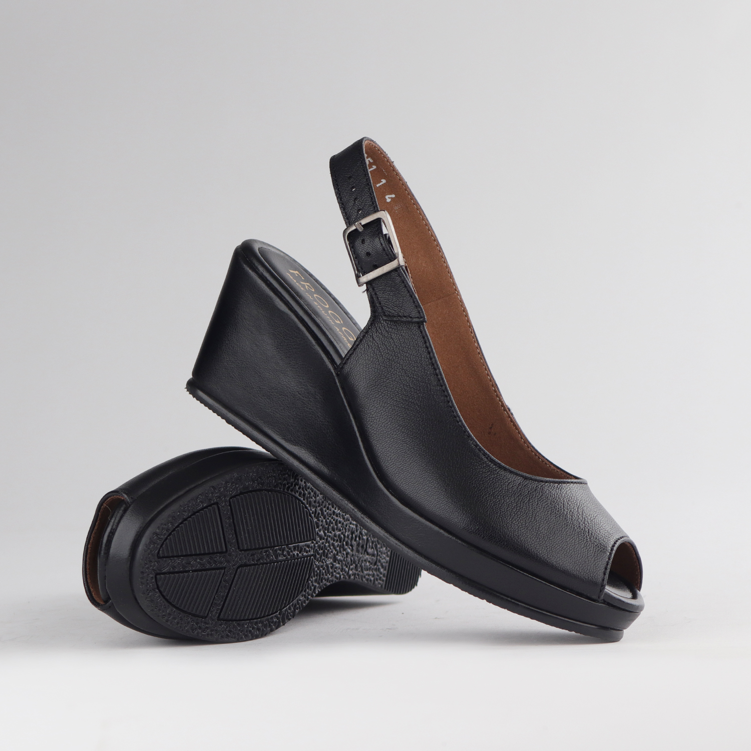 Ladies Black Genuine Leather Slingback Wedge Sandals