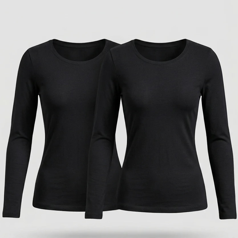 2x Ladies Base Layer Long Sleeve Crew Neck T-Shirts
