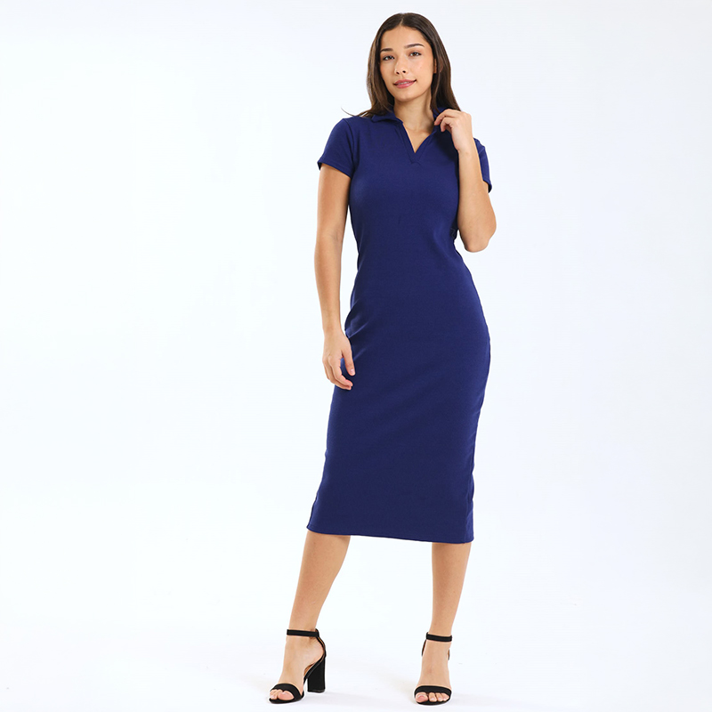 Ladies Polo Collar Ribbed Midi Bodycon Dress