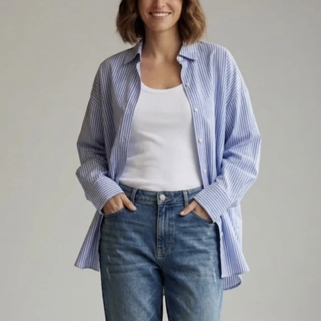 Ladies Cotton Blend Striped Button Up Shirt