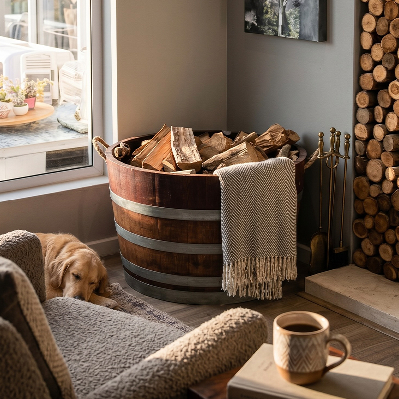 Wine Barrel Firewood Holders with Rope Handles