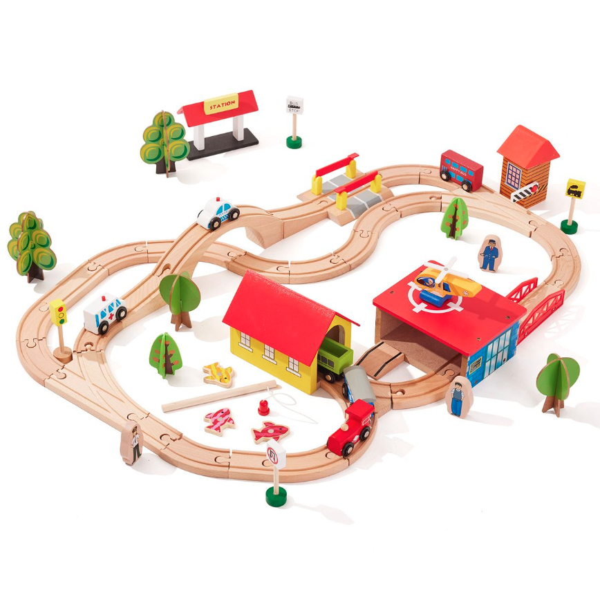 60-Piece Child-Safe Wooden Train Set with Accessories