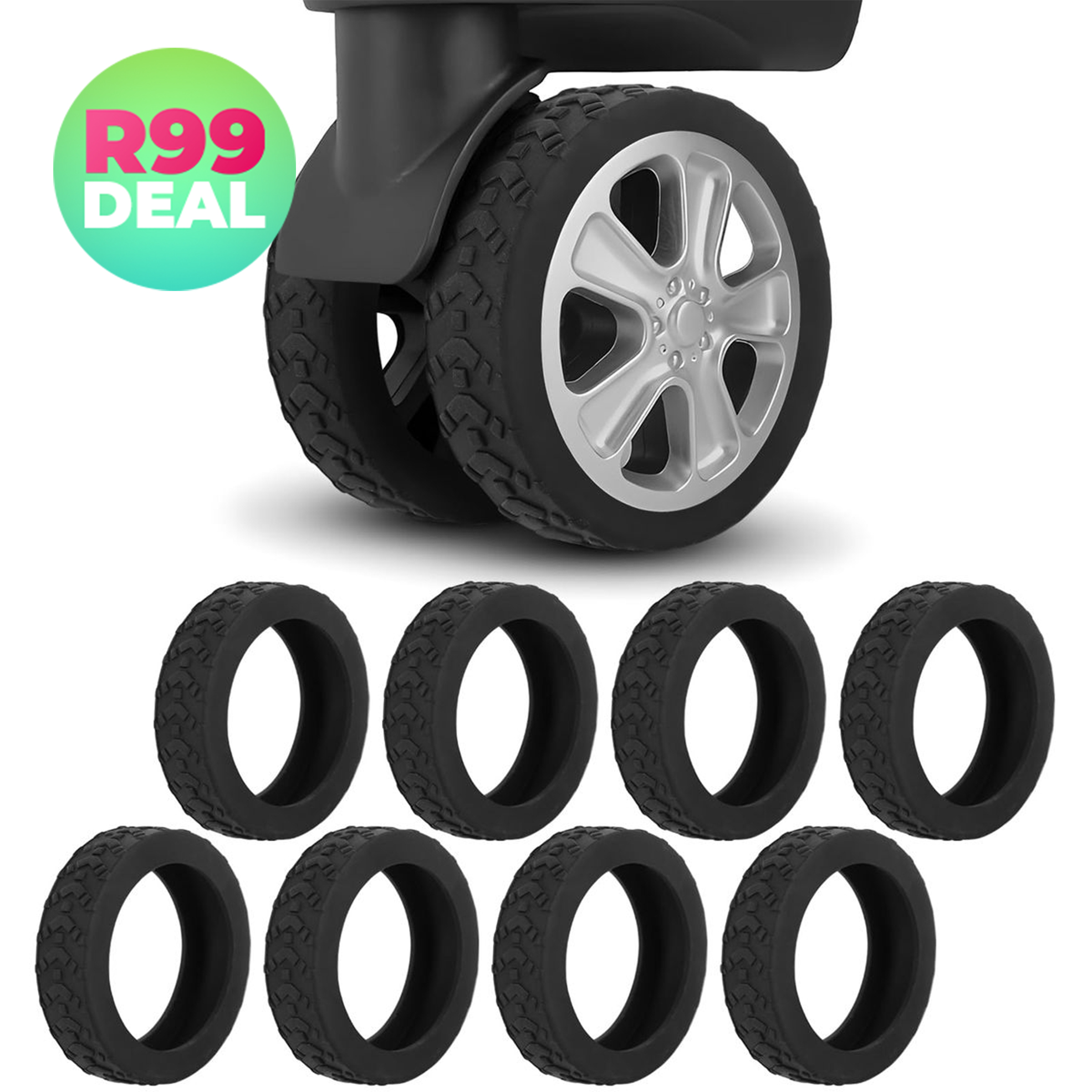 FlexiWheel 8x Silicone Luggage Wheel Covers — R99 on OneDayOnly (was R250)