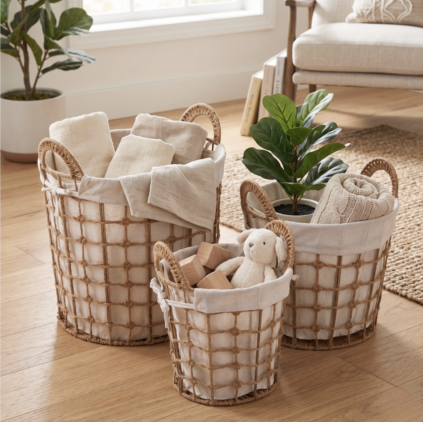3-Piece Woven Hemp and Cotton Storage Baskets Set
