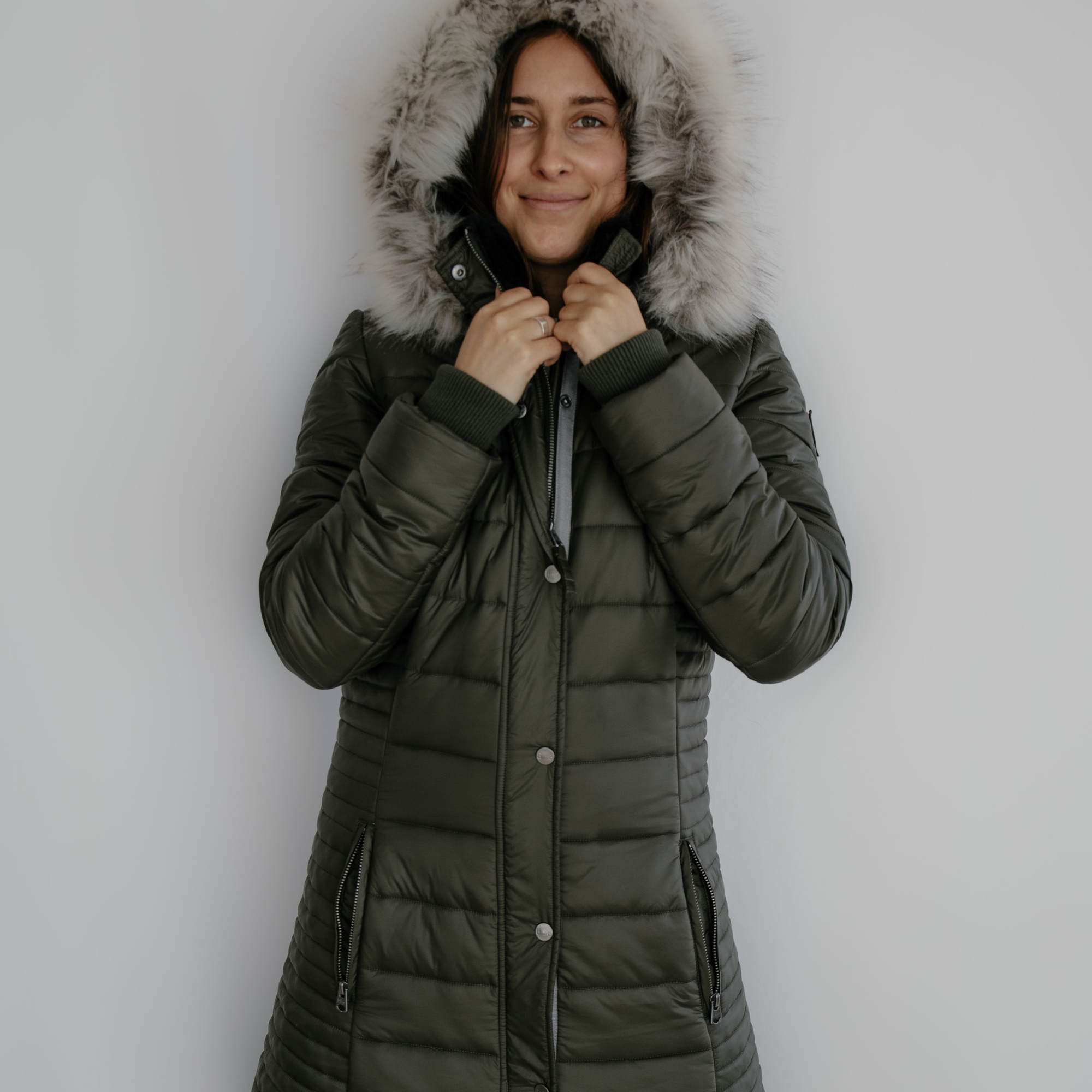 Ladies Wild Olive Long Puffer with Detachable Faux Fur Hood