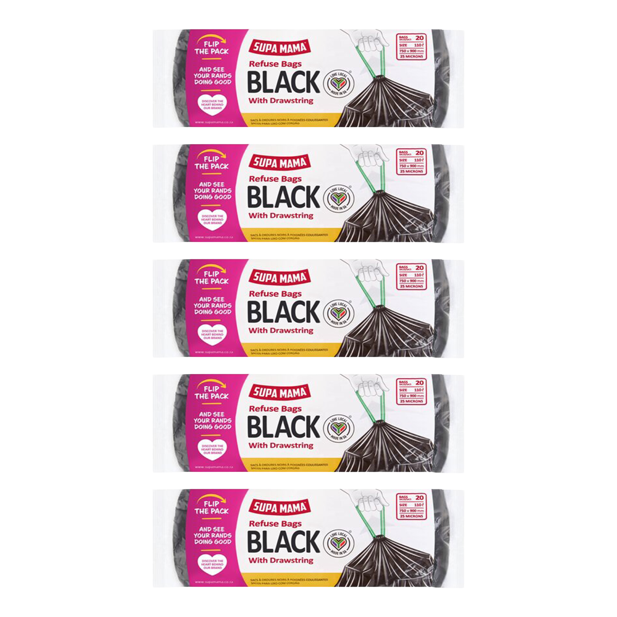 5x 20's Black Drawstring Refuse Bags