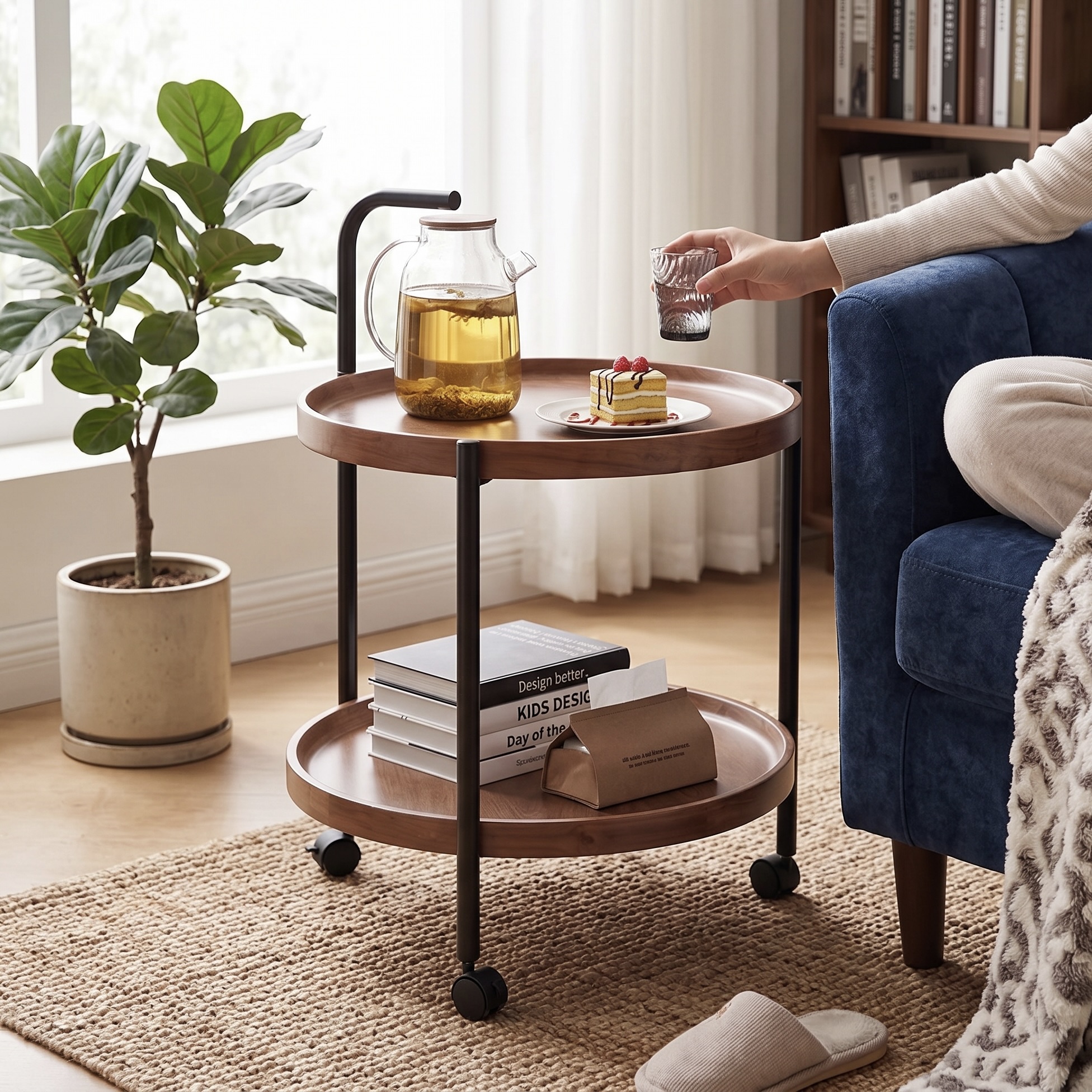 2-Tier Round Side Table Trolley