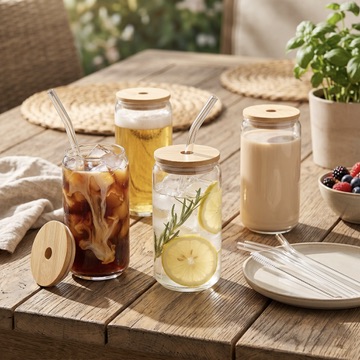 4x 500ml Can-Shaped Glasses with Bamboo Lid and Glass Straw