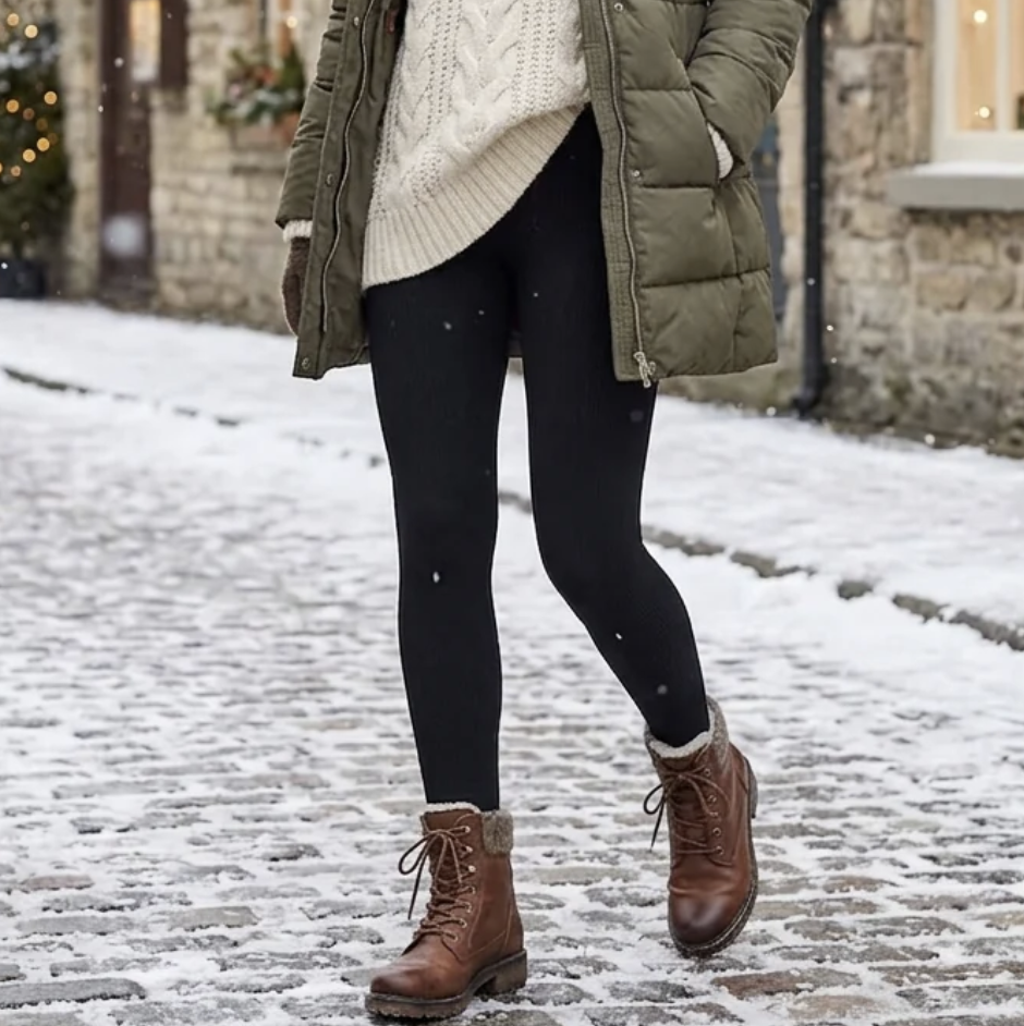 2x Ladies Fleece-Lined Ribbed High Waist Leggings