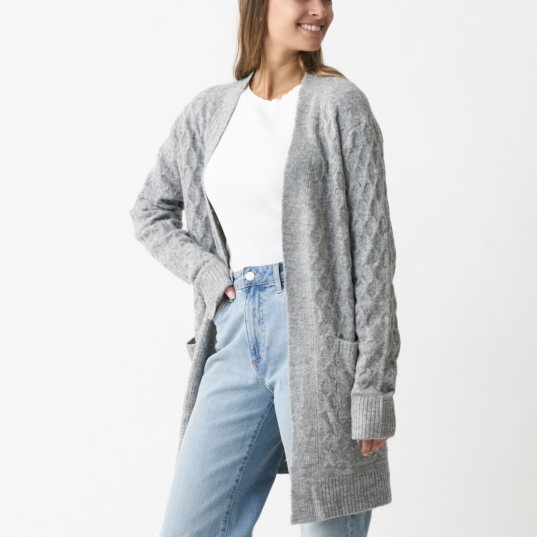 Ladies Open Front Long Length Knitted Cardigan