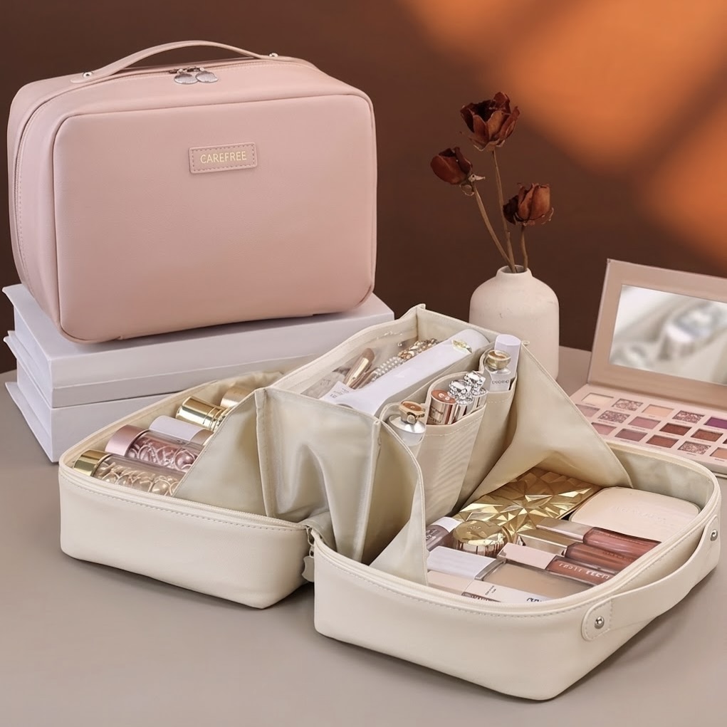 Multi-Compartment Water-Resistant Cosmetic Bag