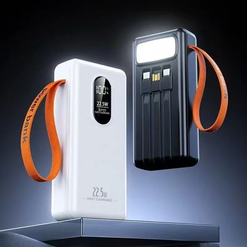 60000mAh 22.5W Fast Charger Power Bank with Built-In Cable and Light