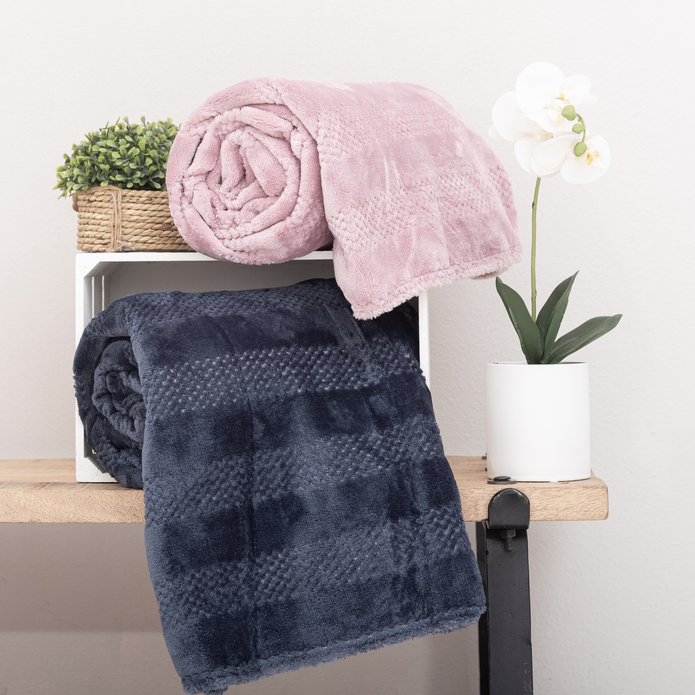 Stripe Waffle Flannel Fleece Throw