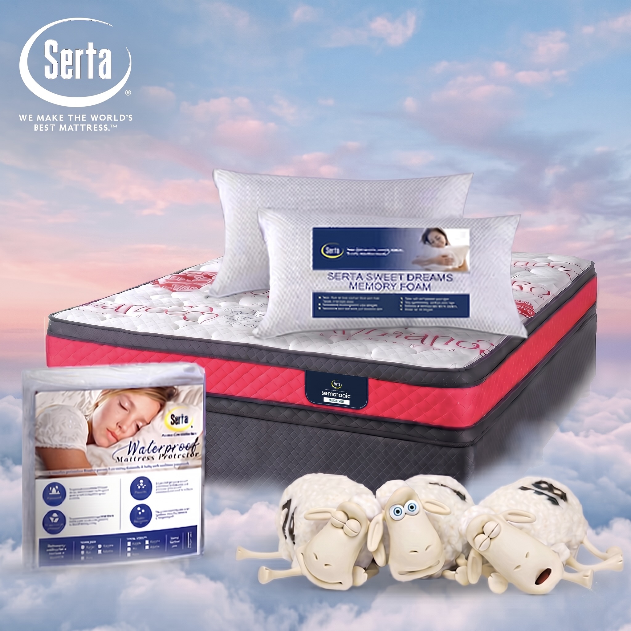 SertaPedic Aphrodite Romance Collection Power Coil Comfort Flip Free Mattress Bed Set with 2 High Density Memory Foam Pillows and a Waterproof Mattress Protector Included