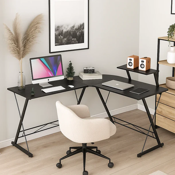 L-Shaped Corner Office Desk with Raised Monitor Shelf Workspace