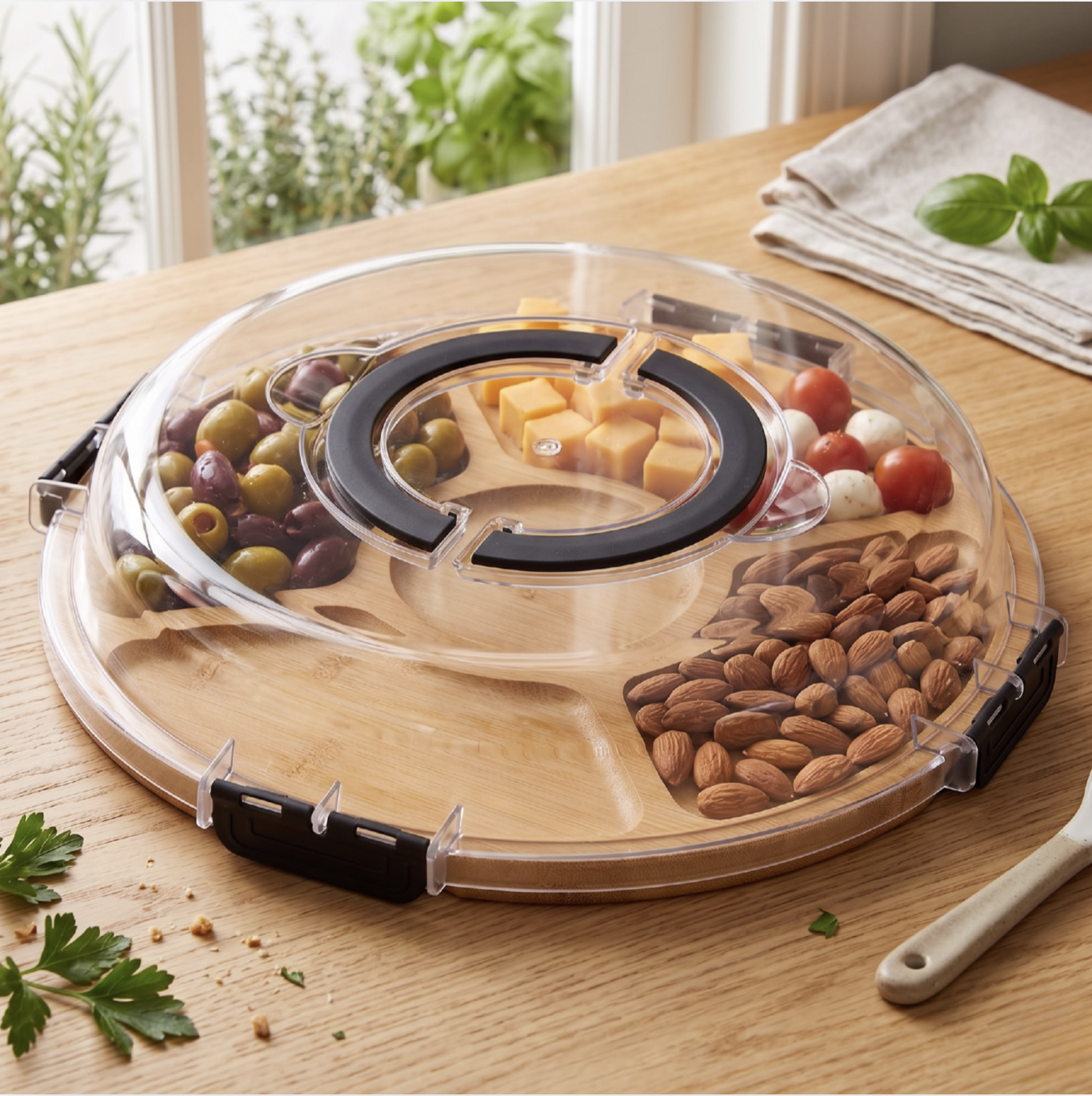 2-in-1 Bamboo Serving Tray and Cutting Board with Storage Lid