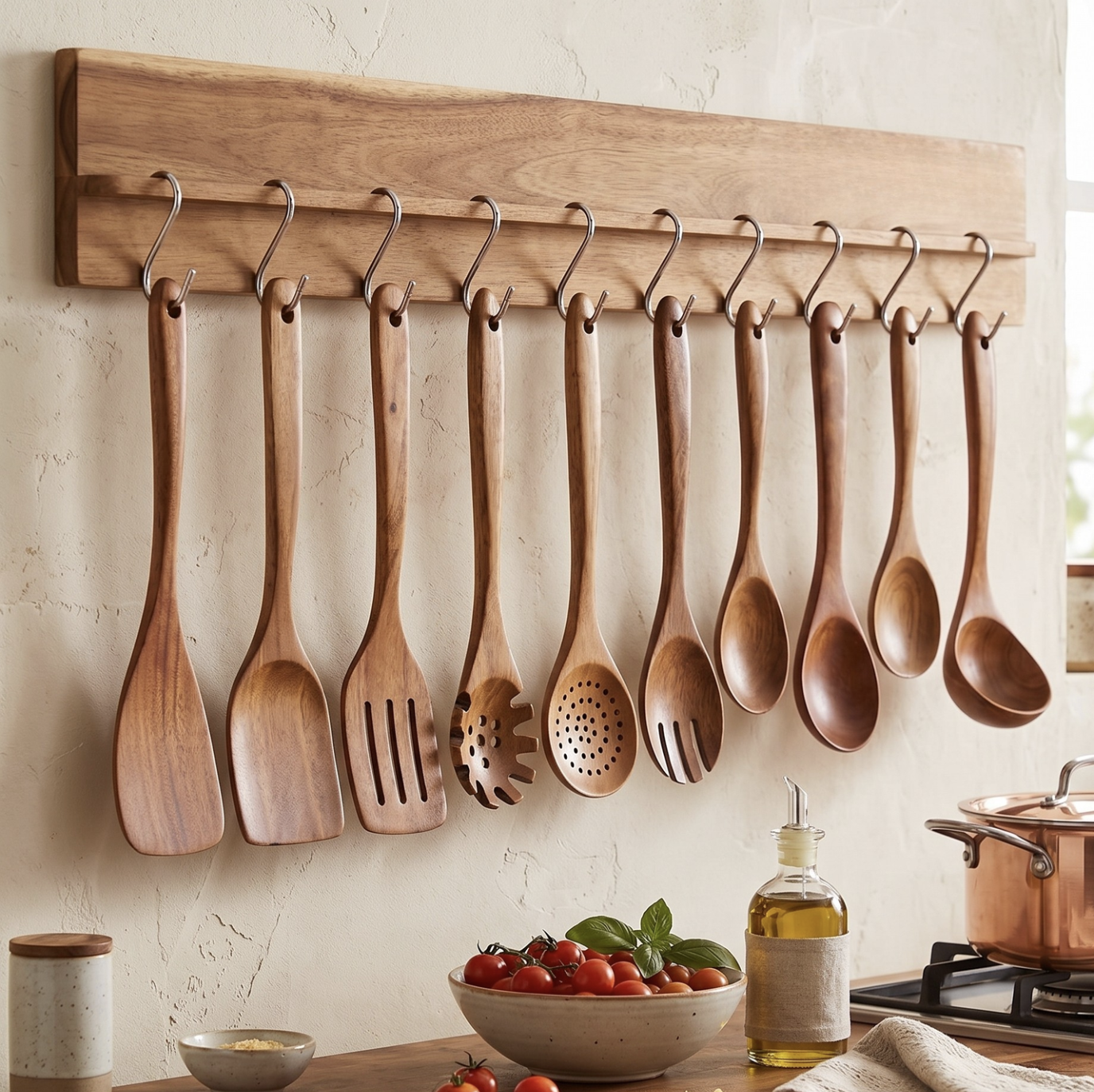 10-Piece Acacia Wood Utensil Set with 10 Hanging Hooks