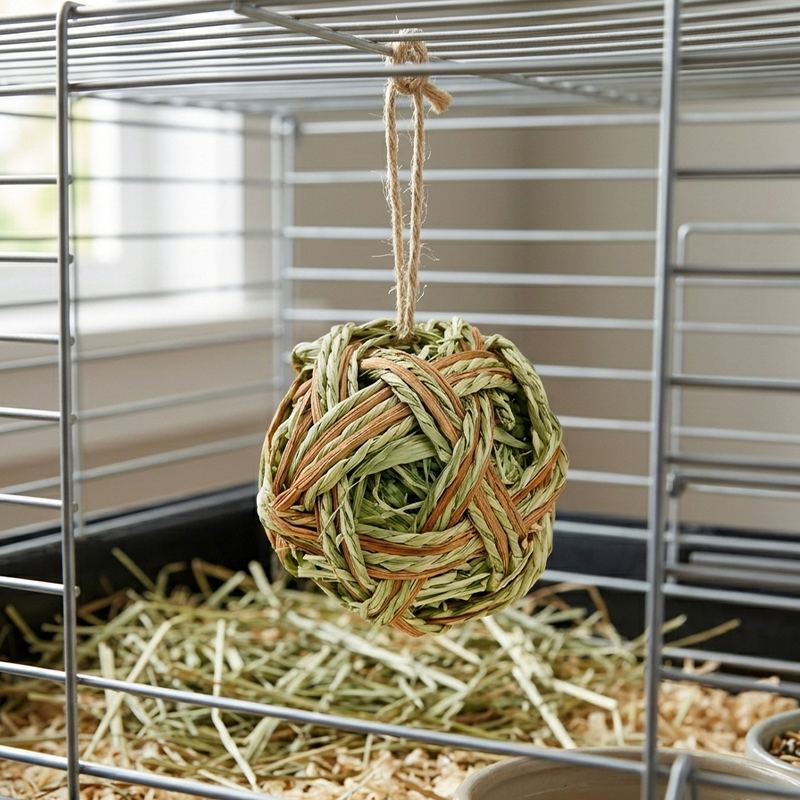 Natural Hay Forage Ball Hanging Chew Toy for Rabbits and Guinea Pigs