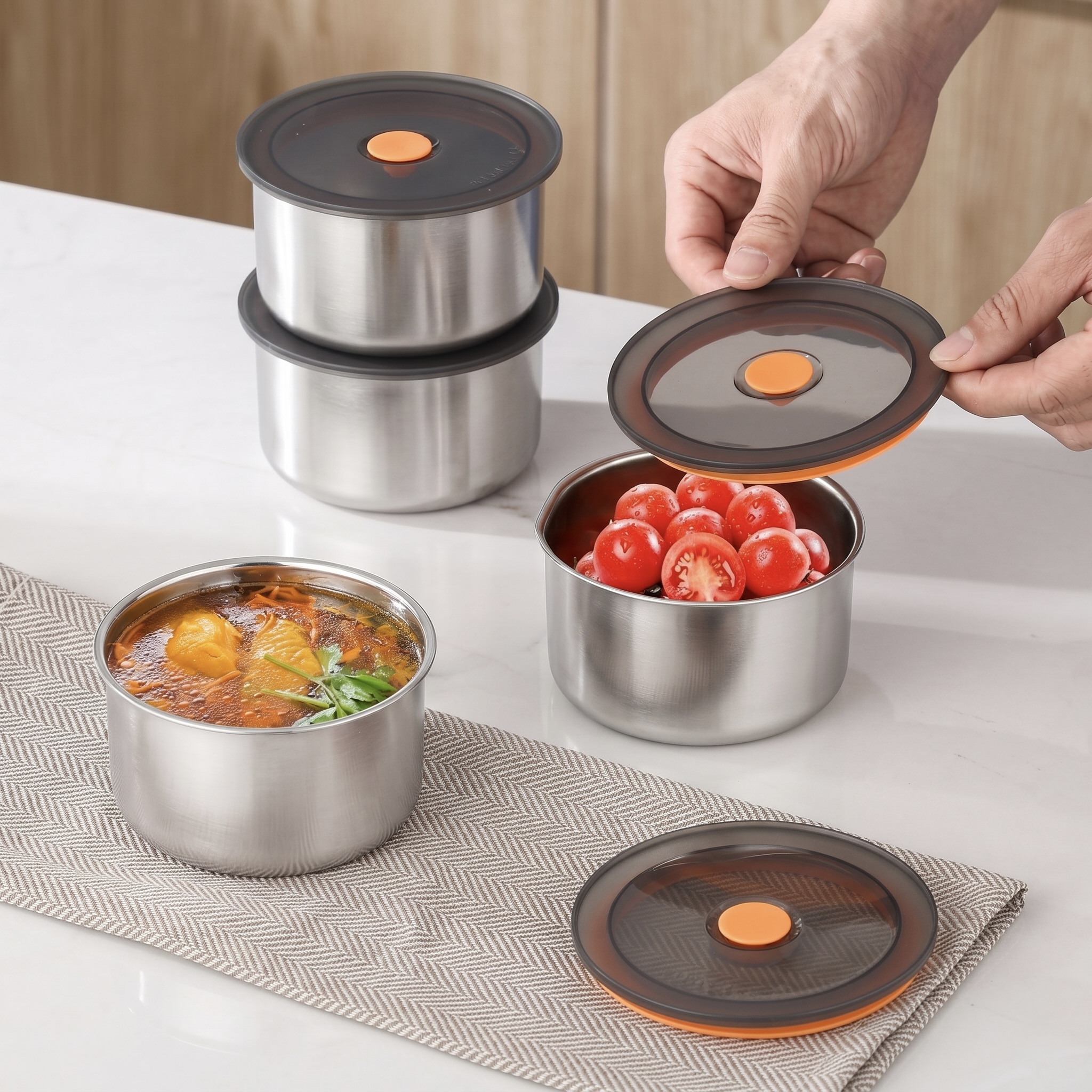 8-Piece Cylindrical Stainless Steel Containers with Vented Lids