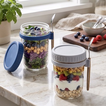 4x 350ml Glass Meal Prep Containers with Spoons