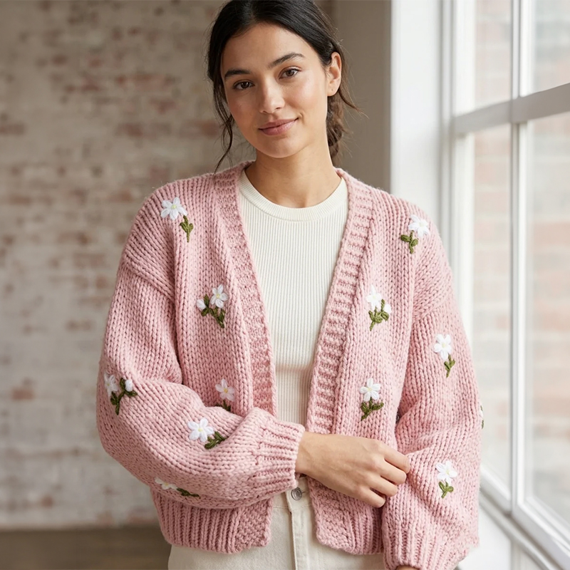 Ladies Embroidered Daisy Knit Cardigan