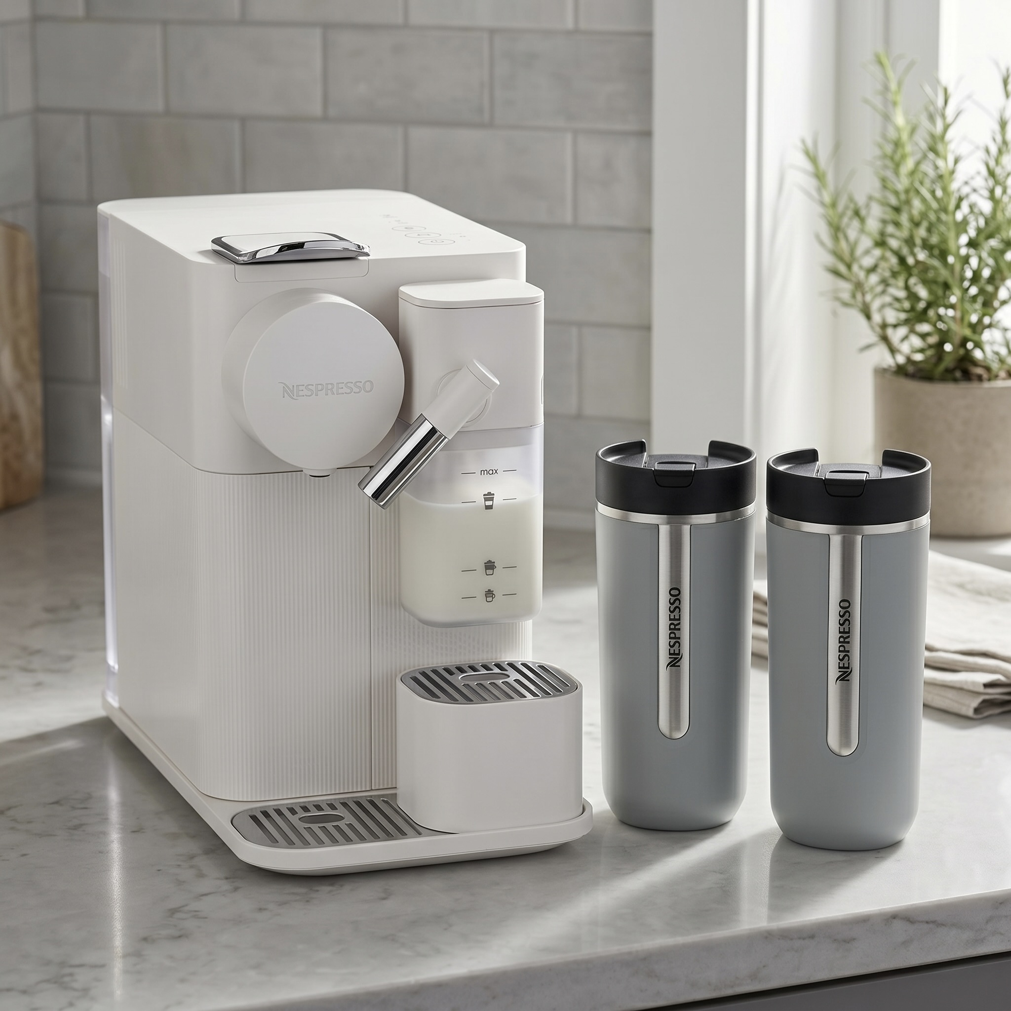 Lattissima One Porcelain Coffee Machine with Smokey Blue Travel Mugs