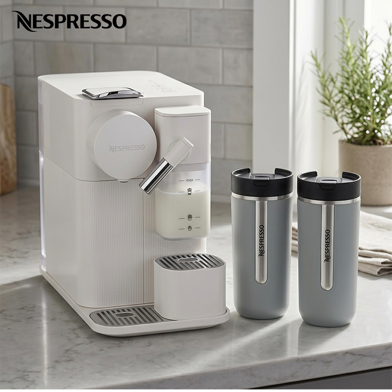 Lattissima One Porcelain Coffee Machine with Smokey Blue Travel Mugs