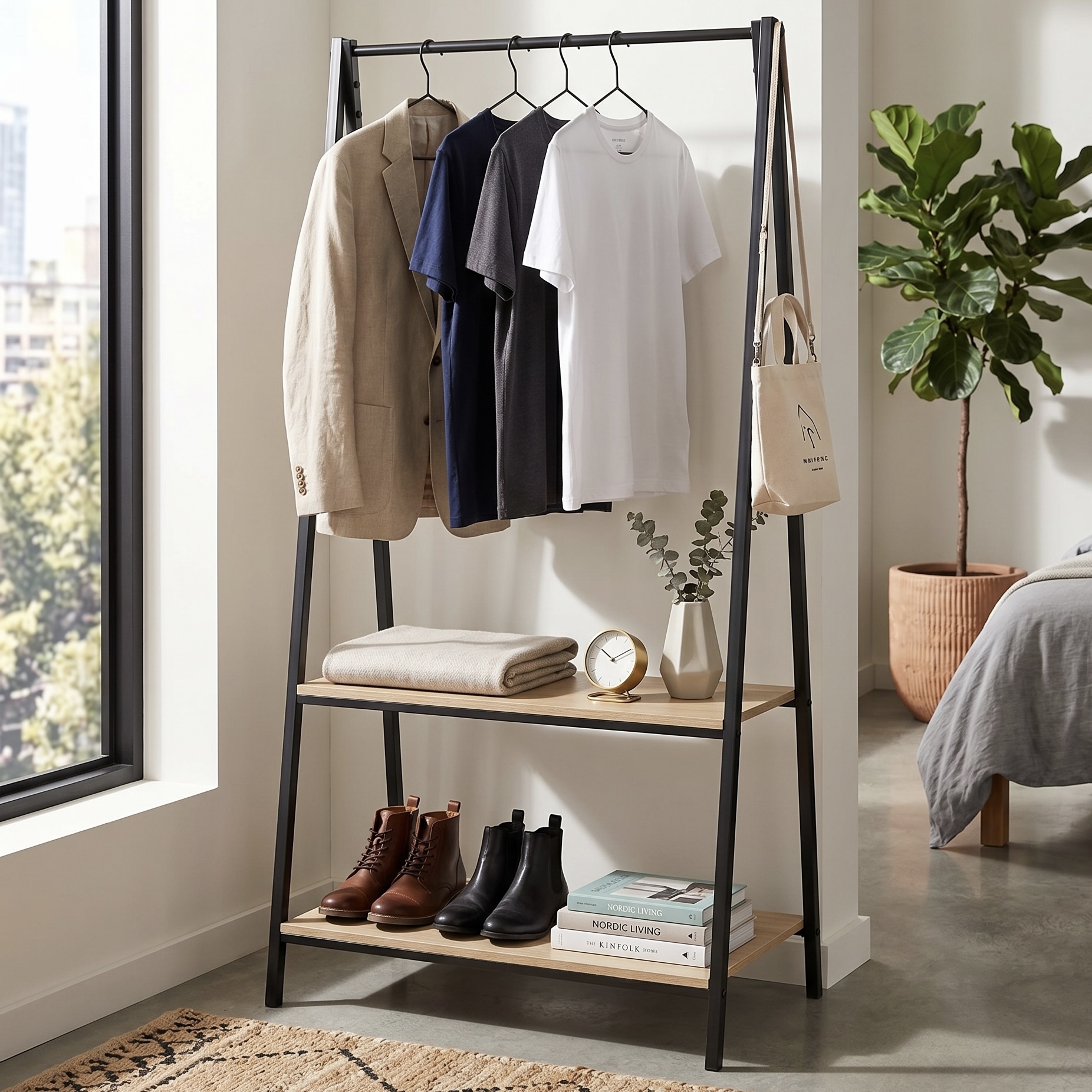 Ladder Shelf with Clothes Hanging Rail