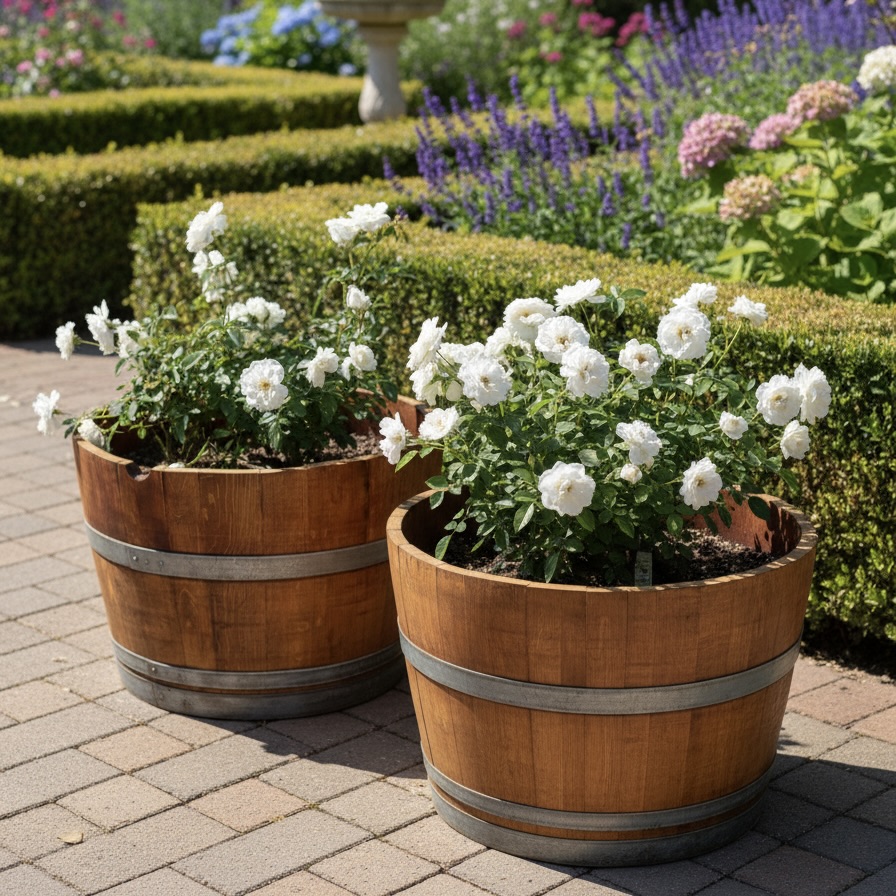 2x French Oak Wine Barrel Planters