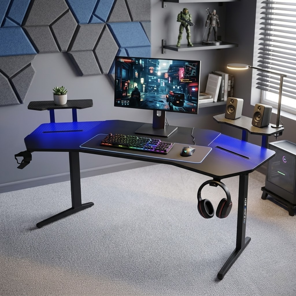 Large Gaming Desk with RGB LED Lights and Desktop Shelves