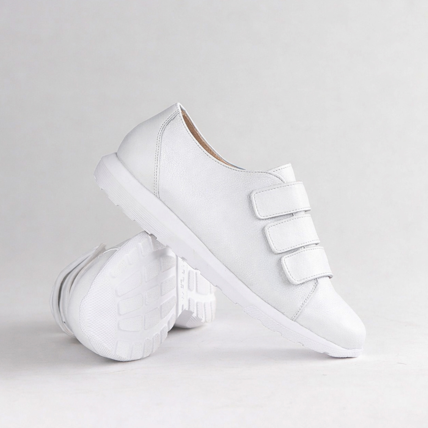 Ladies White Genuine Leather Hook & Loop Tape Sneakers