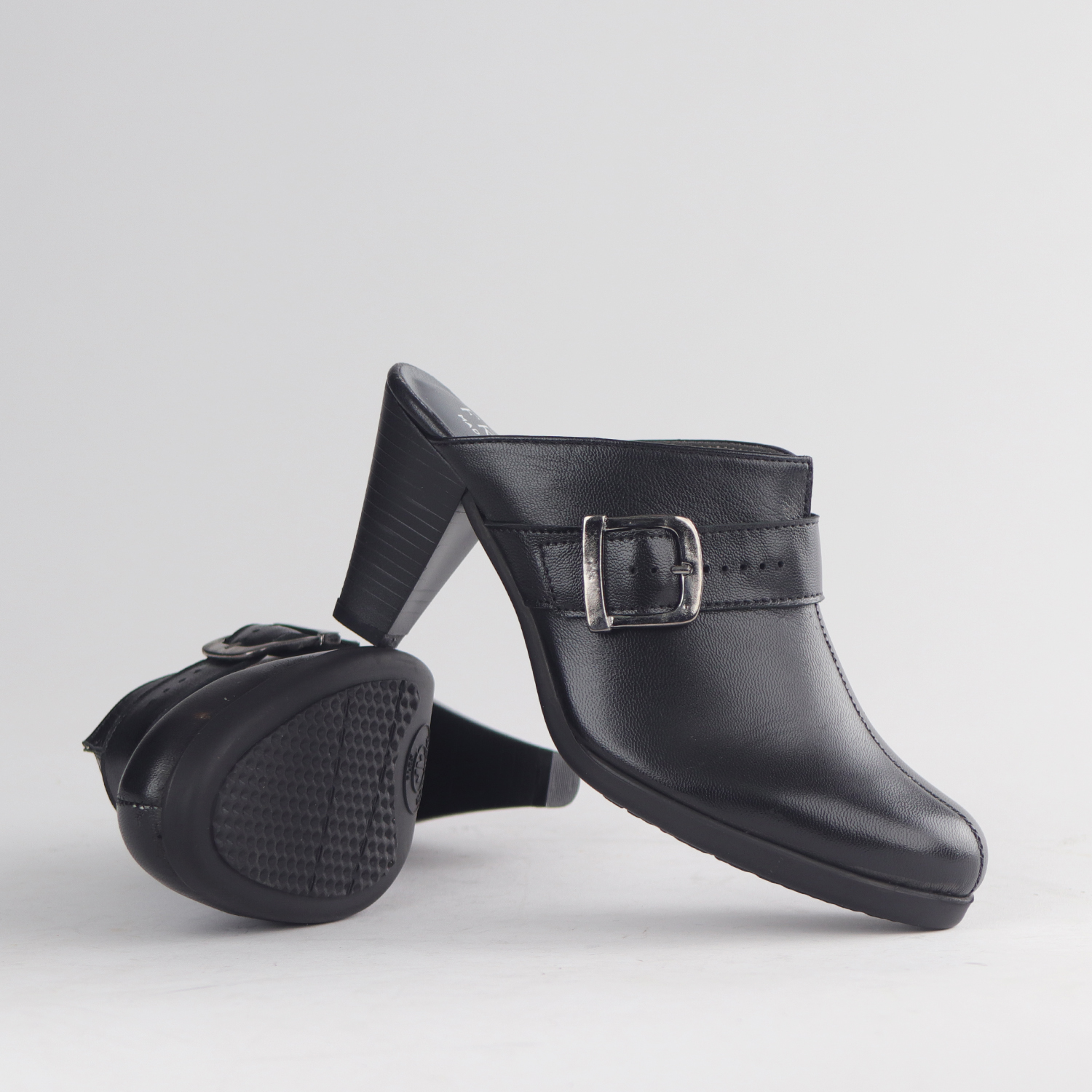 Ladies Black Genuine Leather Heel Mules