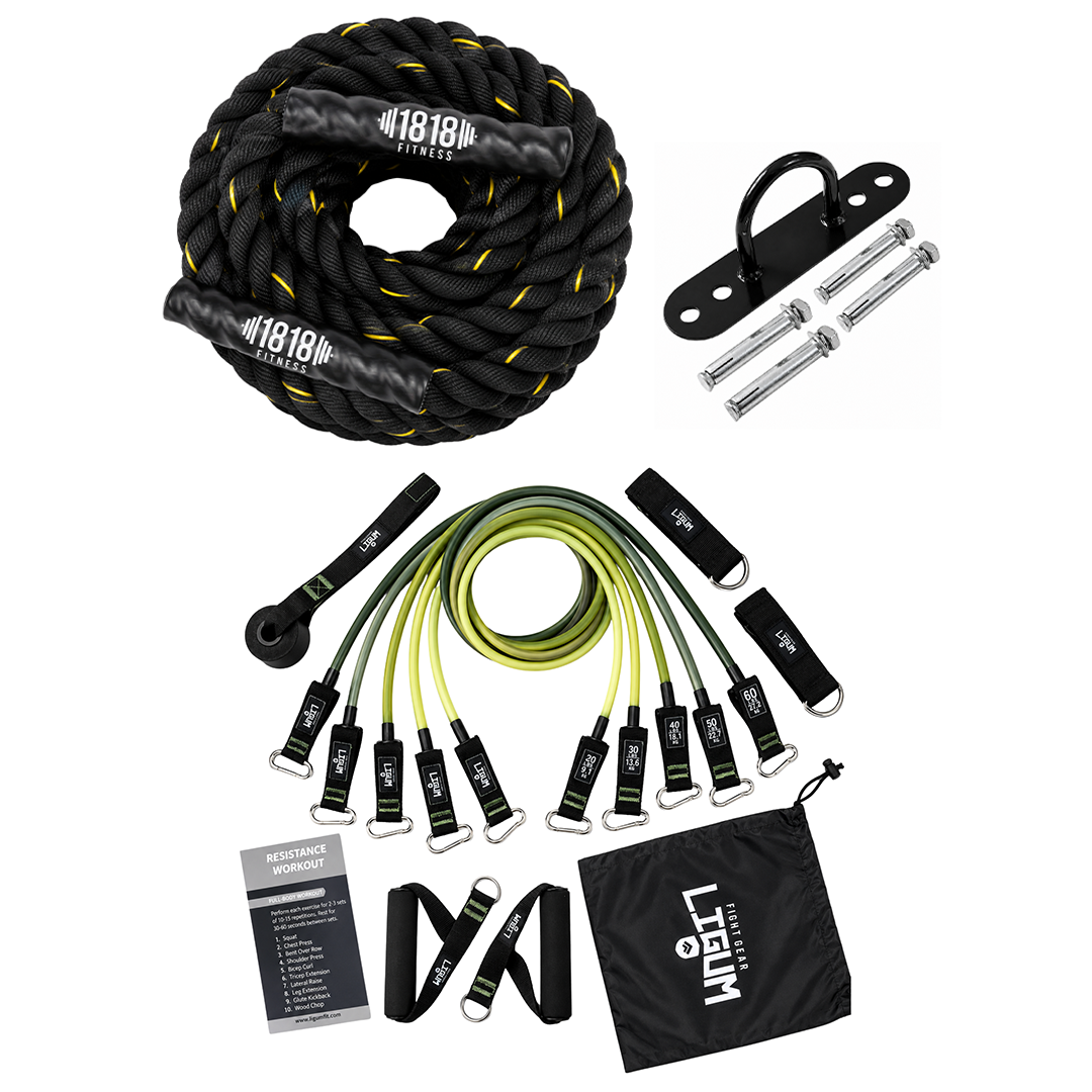 9m or 12m Battle Rope and Wall Anchor Set with Resistance Band Kit