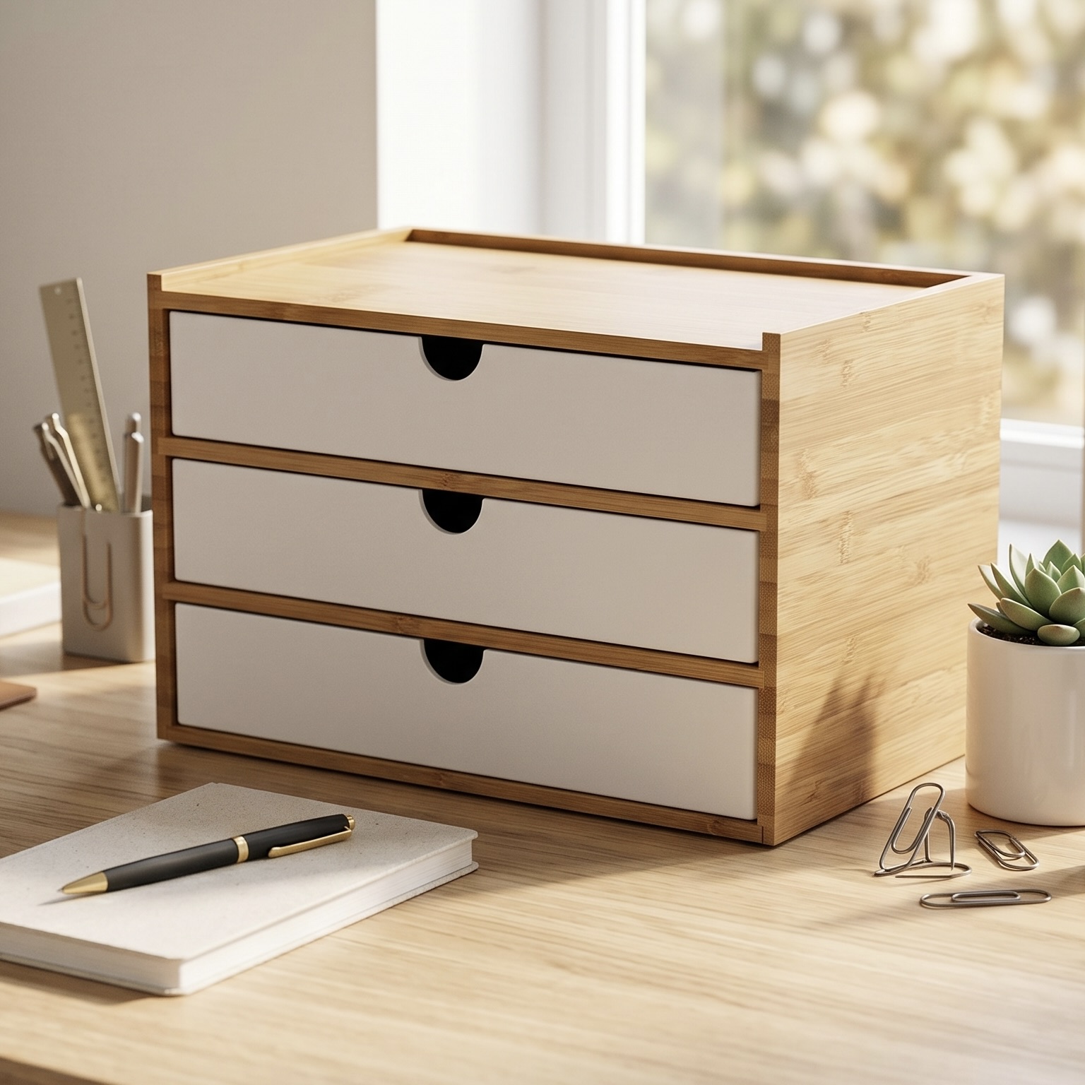 3-Drawer Natural Bamboo Desktop Organiser