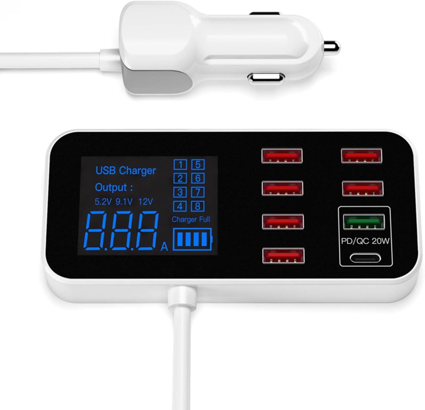 40W 8-Port USB Car Charger with LED Screen