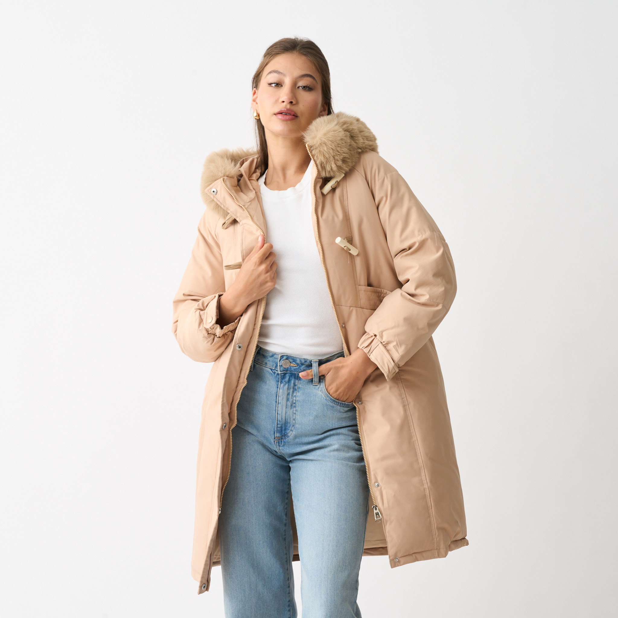 Ladies Faux Fur Collar Longer Length Puffer Jacket
