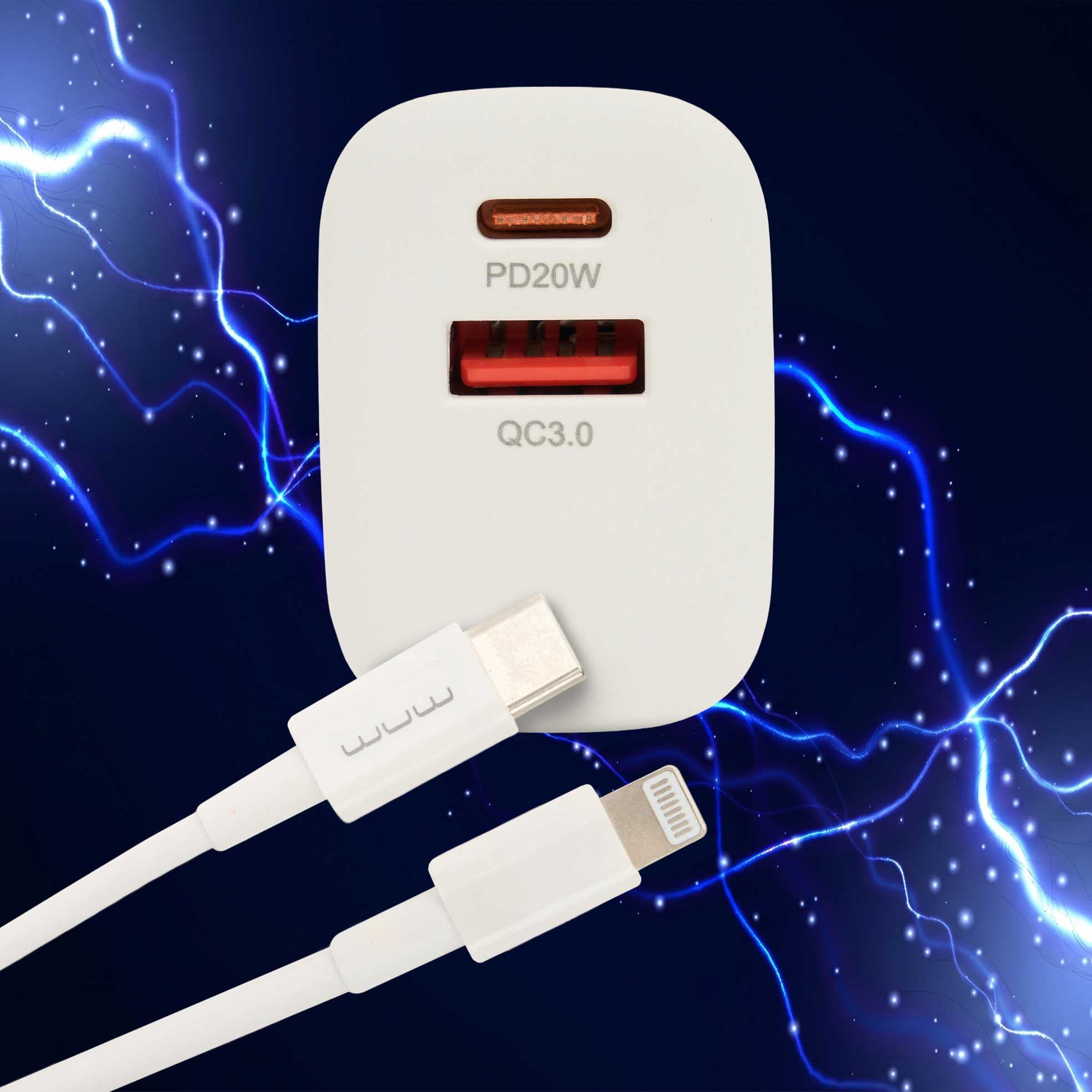 Dual Port Charger Block with Type-C to Lightning Cable
