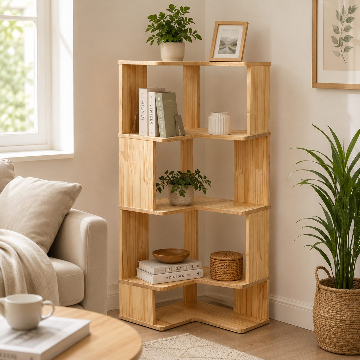 Multi-Level Wooden Corner Display Shelf
