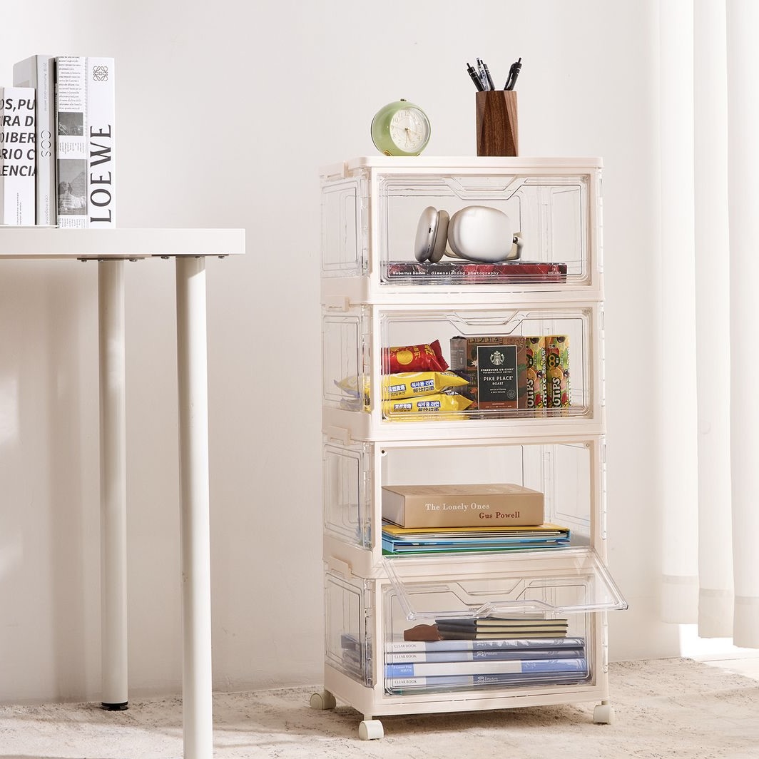 4-Tier Foldable Stackable Storage Box with Wheels and Magnetic Doors