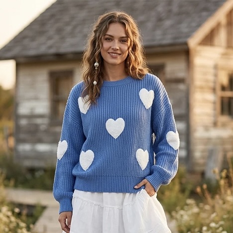Ladies Heart Print Knit Sweater