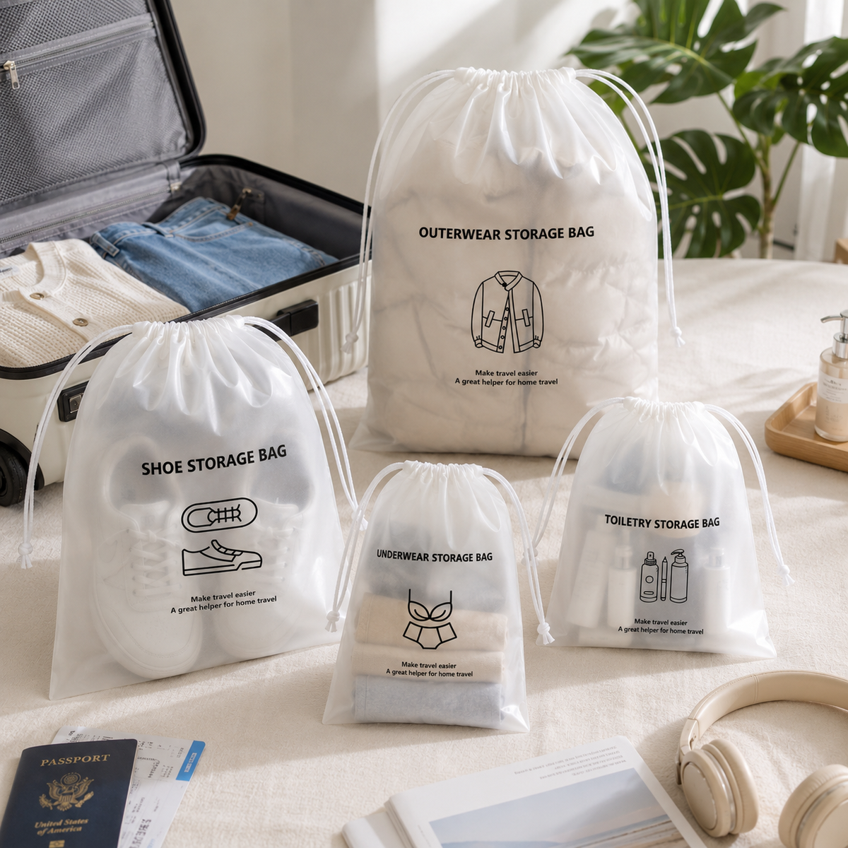 4-Piece Drawstring Travel Organiser Bag Set