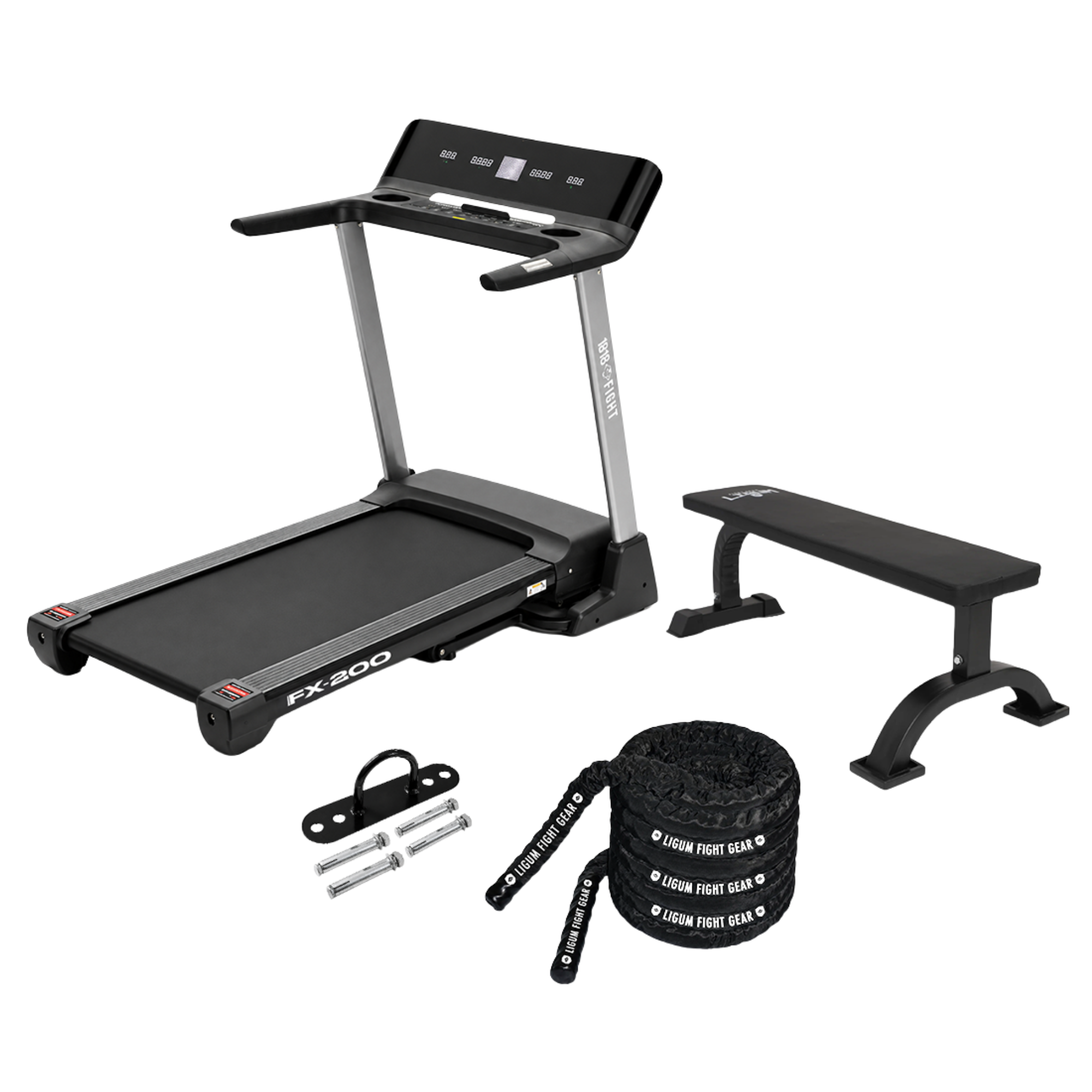 FX-200 Compact Folding Training Treadmill with Flat Training Bench, 9m Battle Rope and Wall Anchor