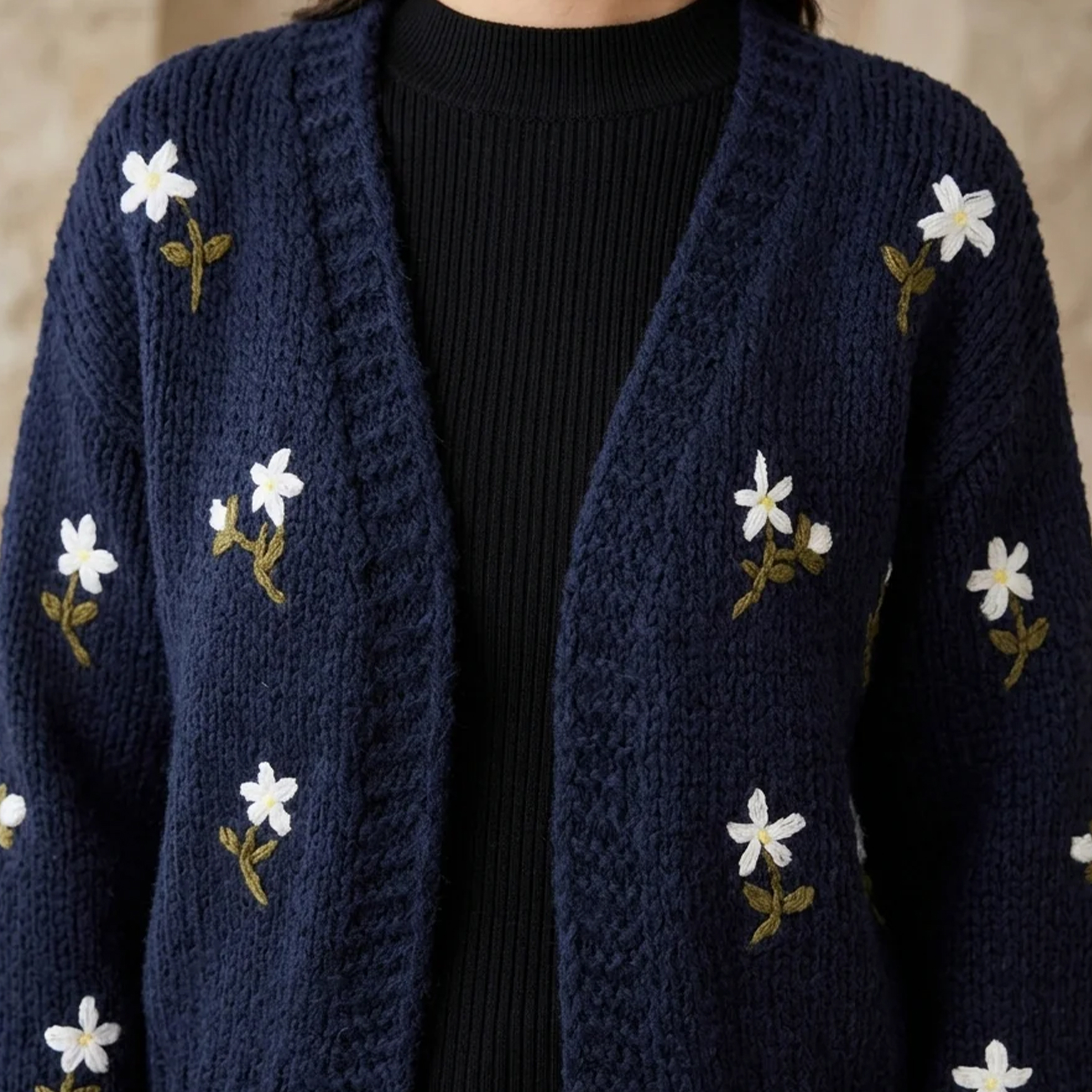 Ladies Embroidered Daisy Knit Cardigan