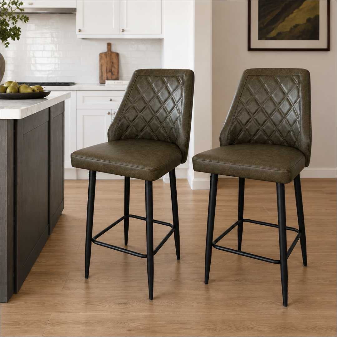 2x Vegan Leather Quilted Counter Stools