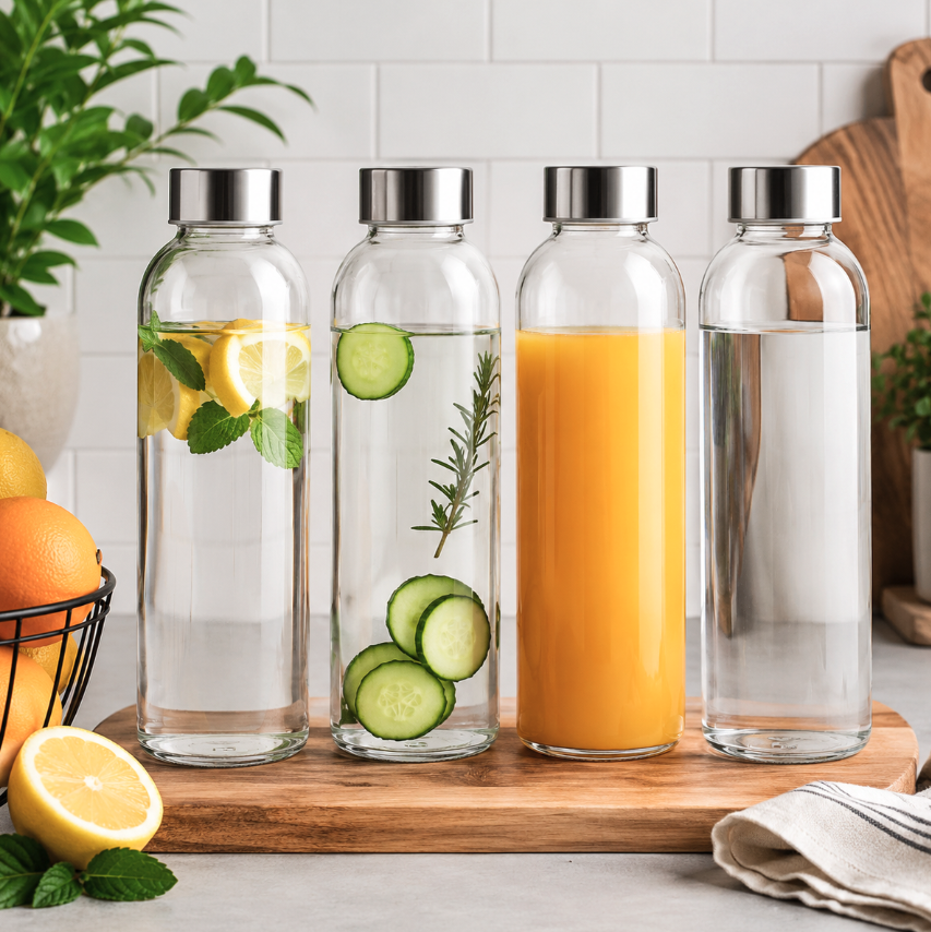 4x Leak-Proof Glass Bottles with Metal Lids