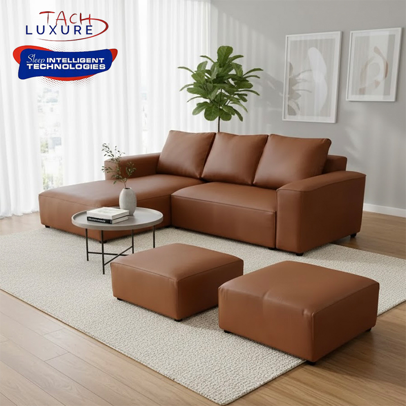 Sicily Leather L-Shape Couch with 2x Ottomans