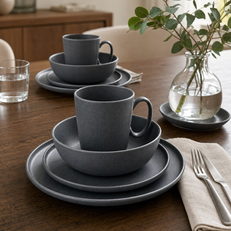 16-Piece Matte Charcoal Stoneware Dinner Set