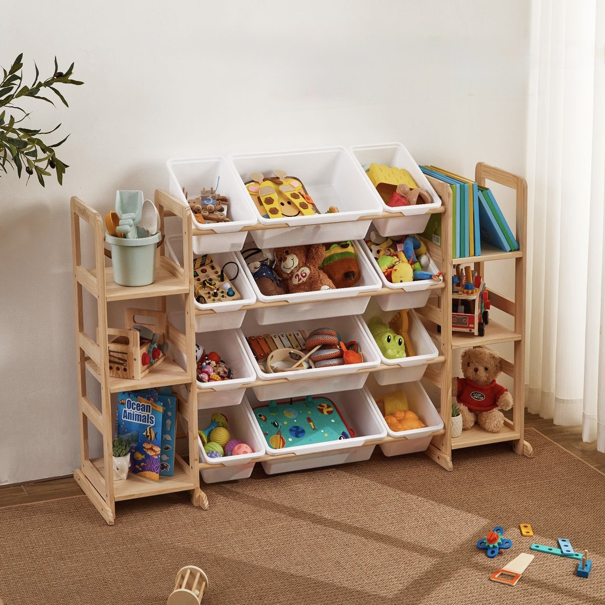 12-Compartment Toy Organiser with Flanking Side Shelves