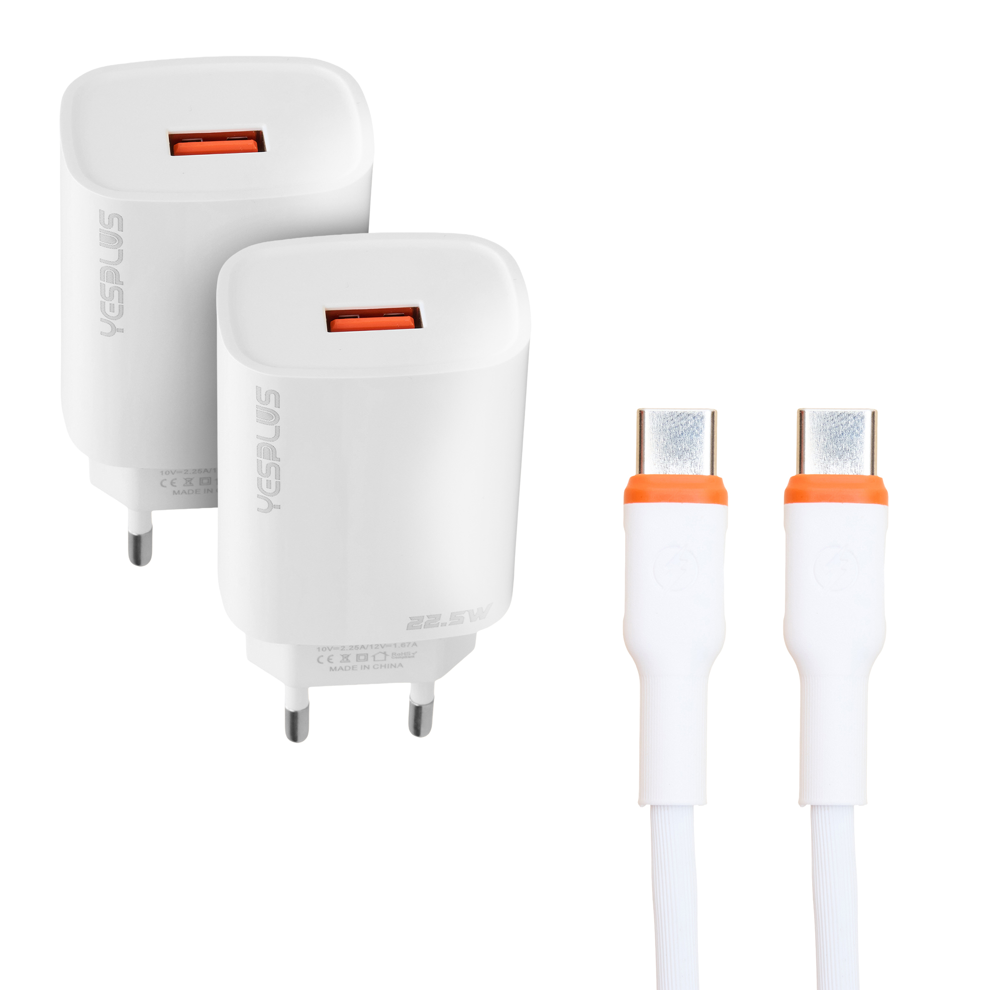 2x 22.5W USB Fast Chargers Blocks and Cables